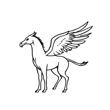Bold black silhouette of a mythic hippogriff perched in flight-ready stance, half‑eagle half‑horse, detailed sharp wings against clean white backdrop&mdash;ideal fantasy illustration