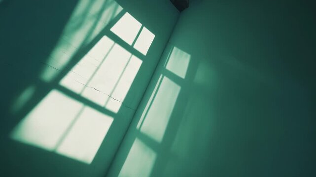 Sunlight creating geometric patterns and abstract shapes on a teal wall inside a minimalist room, highlighting the interplay of light and dark, space, and architectural elements