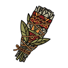 Artistic illustration of a sage smudge stick with intricate patterns, isolated on a white background