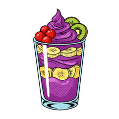 Vibrant acai bowl drink with layered bananas and kiwi, topped with berries, isolated on a white background in a glass, colorful and refreshing illustration