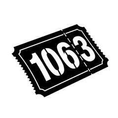Black curled ticket with bold number 1063 isolated on white background, featuring a perforated edge design