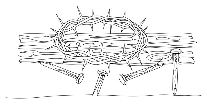 Continuous line drawing of a crown of thorns and nails symbolizing the crucifixion of Jesus