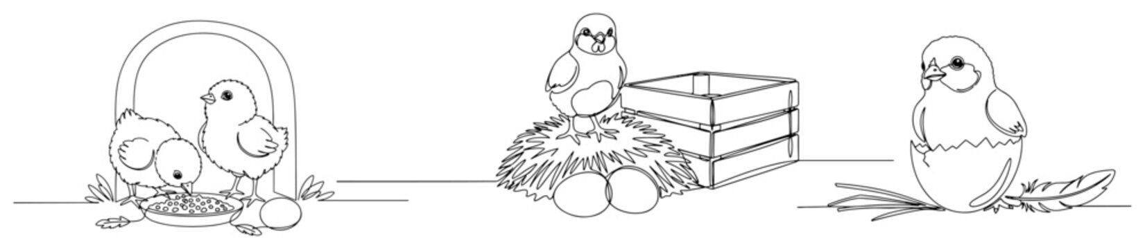 Continuous line drawing of cute easter chicks with eggs and nest