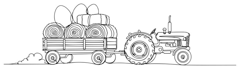 Minimalist continuous line drawing of a farm tractor pulling trailer with hay and eggs © Katarzyna