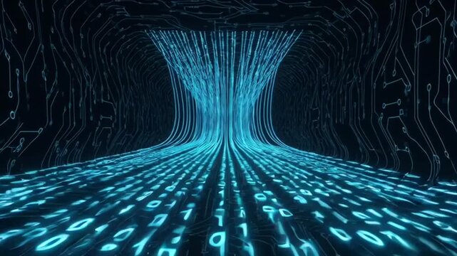 Digital binary code flowing through futuristic cyber corridor with circuit board