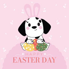 Adorable Dalmatian Puppy in Bunny Ears with Easter Eggs