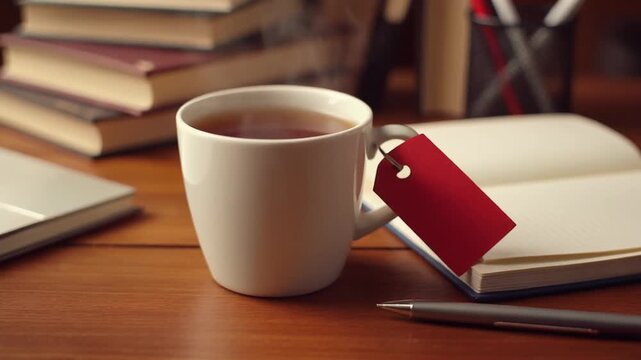 A white coffee cup with a red tag on a wooden desk surrounded by stationery and books