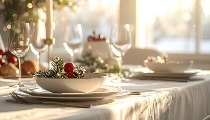 A serene dining table set for a festive meal with elegant decor and soft natural light