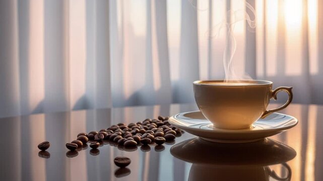 Steaming coffee cup with roasted beans on a reflective table by a window. morning routine, cozy comfort, hot drink break, home cafe, relaxation