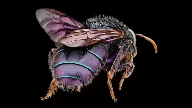 Detailed portrayal of a glistening augochlora pura bee against solid black conveys nature's beauty and intricacies in vivid close up