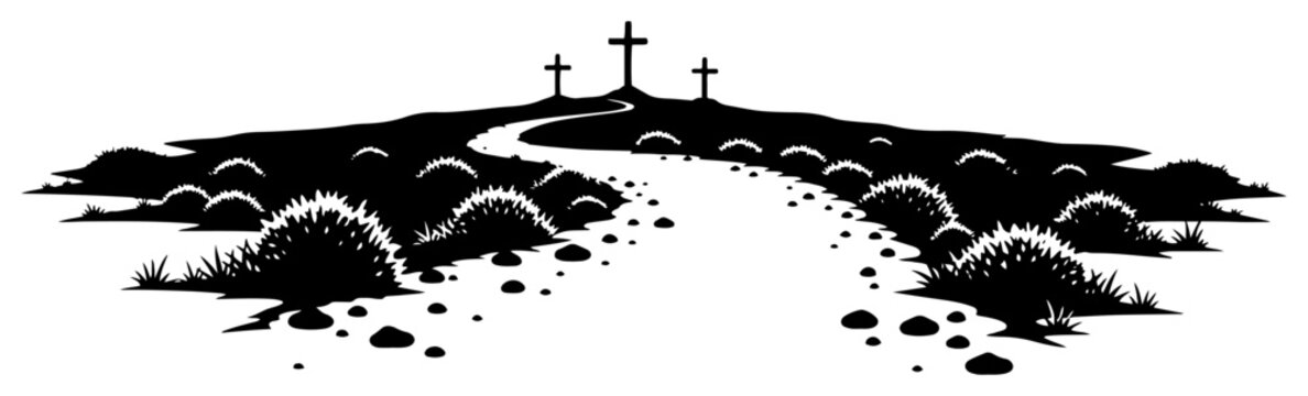 Dramatic silhouette of three crosses on a hill with a winding path