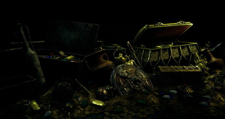 An assortment of treasure chests and artifacts scattered amidst piles of gold coins shines in low light. The scene evokes a sense of adventure and discovery in a secret location. © icetray