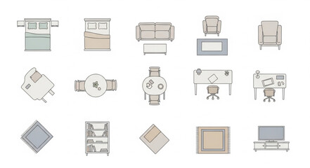 Collection of top down furniture and room layout illustrations. © Hanif