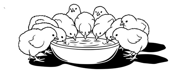 Black and white silhouette of a group of baby chicks drinking water from a bowl © Katarzyna