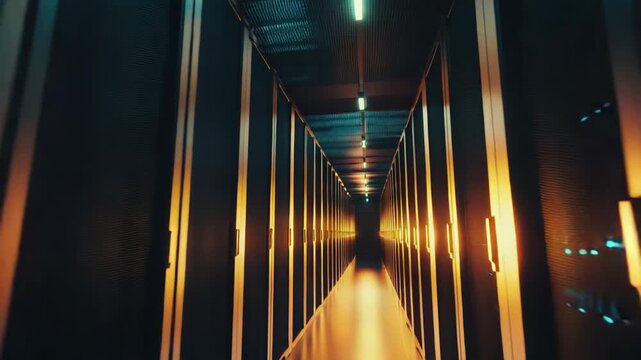 Server racks along a narrow data center corridor with glowing orange and blue indicator lights, illustrating active networking, cloud computing, and high performance infrastructure