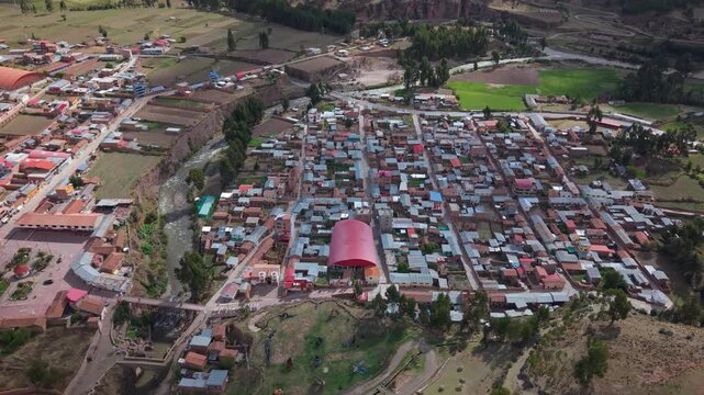 Aerial view of Checacupe town near Cusco, Peru, a stop to Rainbow Mountains
