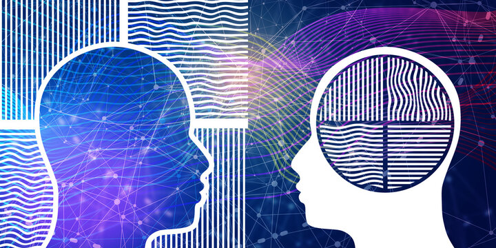 Introvert and extrovert comparison. Human heads with arrow. Different character social individuality with feelings and emotions expression or holding them inside.