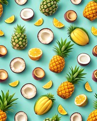 Tropical Fruit Assortment on Teal Background pineapple