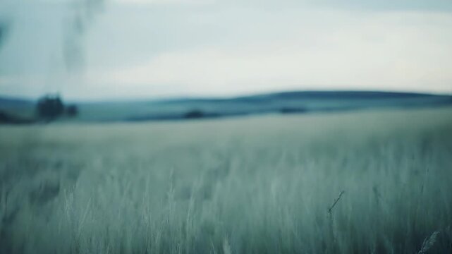 Wild grass spikes with seed heads standing tall against a blurred serene field and distant misty horizon, conveying themes of nature, growth, and tranquility