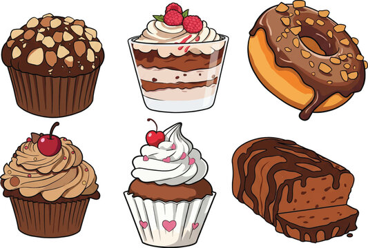 Cute Chocolate Dessert Vector Set &ndash; Muffin, Cupcake, Donut, Parfait and Cake EPS