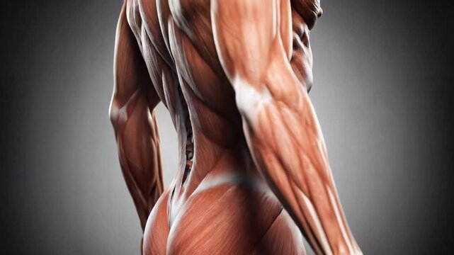 Detailed Human Muscular System Anatomy with Visible Abs and Spine.