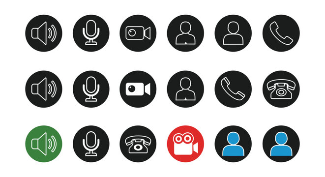 Set of communication interface icons, including volume, microphone, video camera, user, and telephone controls