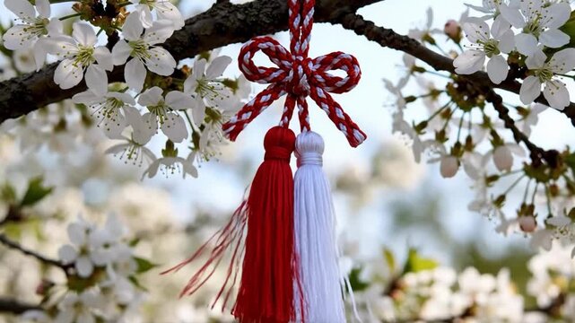 Red and white martenitsa tassel hanging on blooming cherry tree branch