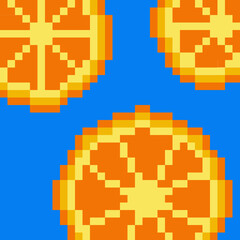 Pixel art illustration of orange slices in retro 8-bit style. Bright citrus segments with yellow highlights on blue background. Freshness, vitamin C, summer, healthy food, and organic nutrition. 