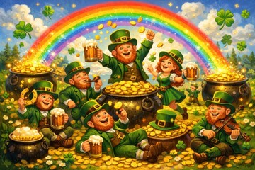 Fototapeta premium Happy leprechauns celebrating St. Patrick's Day with gold, pot of gold at the end of rainbow