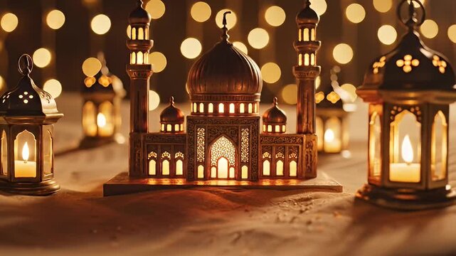 Golden mosque model with lit candles and lanterns, perfect for Islamic holiday celebrations