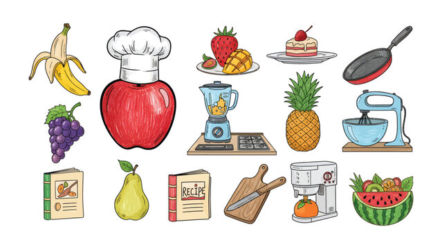 Culinary Creation Station: A vibrant illustration showcasing a collection of kitchen essentials, culinary delights, and fresh produce, perfect for the avid home chef.