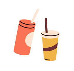 Takeaway drinks in disposable paper cups with closed lid and straw. Take-away beverages in mugs with takeout coffee, soda, juice to go. Flat vector illustration isolated on white background