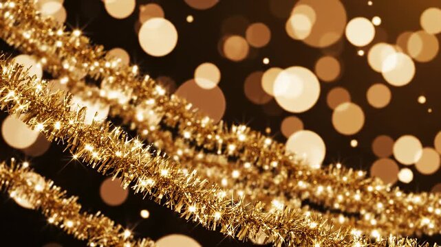 Seamless loop abstract background of flowing golden tinsel garlands and soft bokeh lights creating a vibrant and festive New Year celebration effect decor, magic, festive