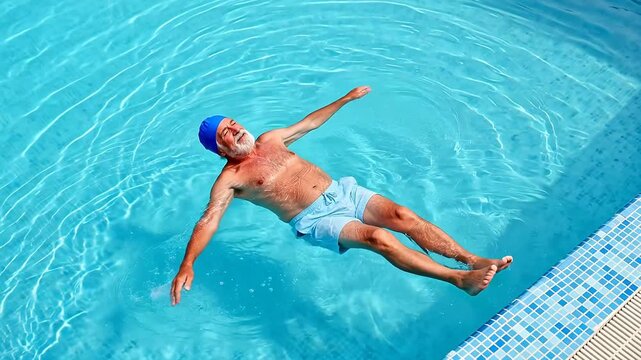 Elderly man floating in pool