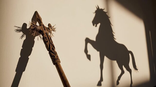 Minimalist Pasola Art: Solo Wooden Spear (Hola) and Sharp Horse Shadow on Clean White Wall