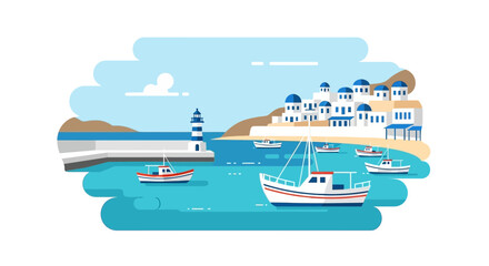 Serene Greek harbor with whitewashed buildings and blue domes © Kopi