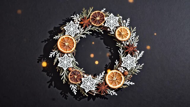 Circular wreath with dried citrus and snowflakes