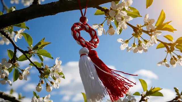 Martisor on cherry blossom branch against blue sky