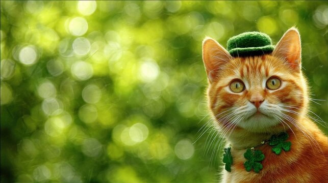 St Patrick's Day ginger cat with green hat and clover collar