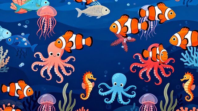 Underwater sea life with fish and octopuses