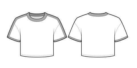 Naklejka premium Women's Cropped Short-Sleeve Ringer Tee with Contrast Shoulder Taping-Front and Back View- Fashion Flat- Vector Illustration- CAD Mock-up