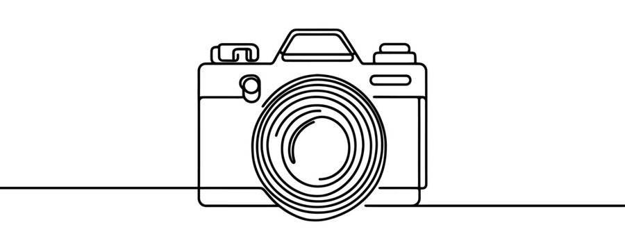 Photo camera in one line art style. Minimalist illustration of a camera for photography and creativity, drawn with one continuous black line. Vector illustration.