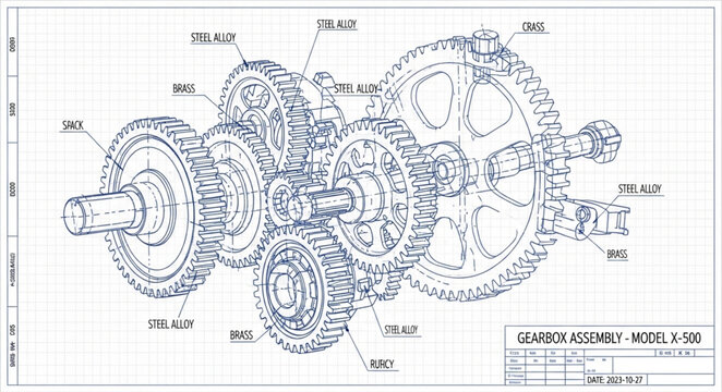 Detailed engineering blueprint of a complex gear mechanism.