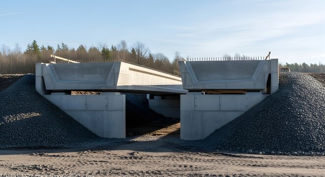 Concrete Bridge Foundations Under Construction with Gravel Surroundings and Bare Trees