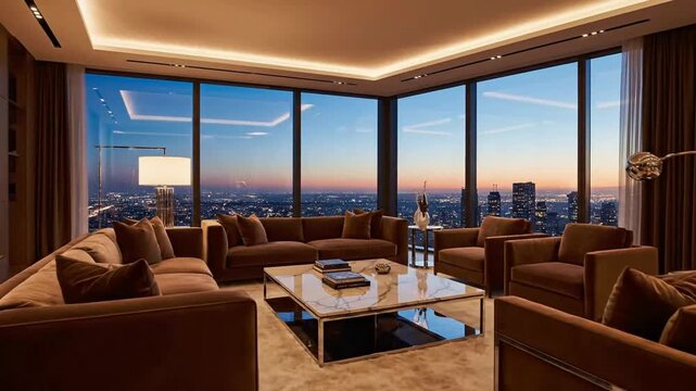 Luxury Penthouse Living Room with Panoramic Cityscape at Sunset - Cinematic Interior Drone View
