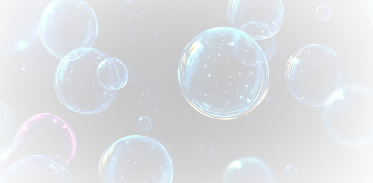 Floating Realistic Soap Bubbles Vector PNG Transparent Overlay with Glass Shine Reflection and Air Bubble Motion Effect