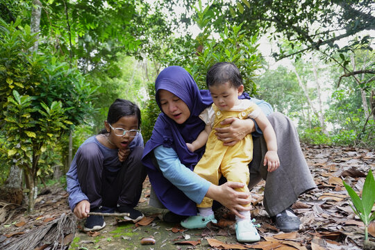 Happy Asian Muslim mother and little daughter discovering a pill bug on a forest park path; joyful curiosity and outdoor education