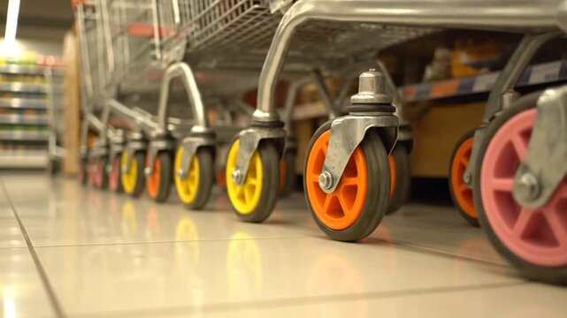 Shopping carts with colorful wheels.