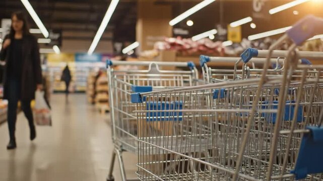 Shopping carts in grocery store aisle.