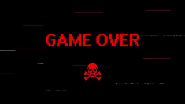 Animated pixel game over screen with skull and crossbones symbol.